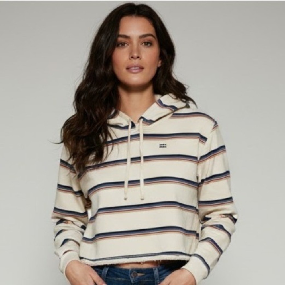 Vtg Billabong Womens M Striped Cropped Hoodie Beige Casual Y2K Beach‎ Festival
